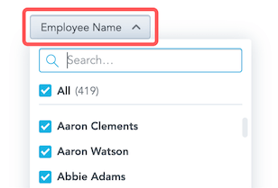 AttributeFilter dropdown button showing only the attribute name, Employee Name