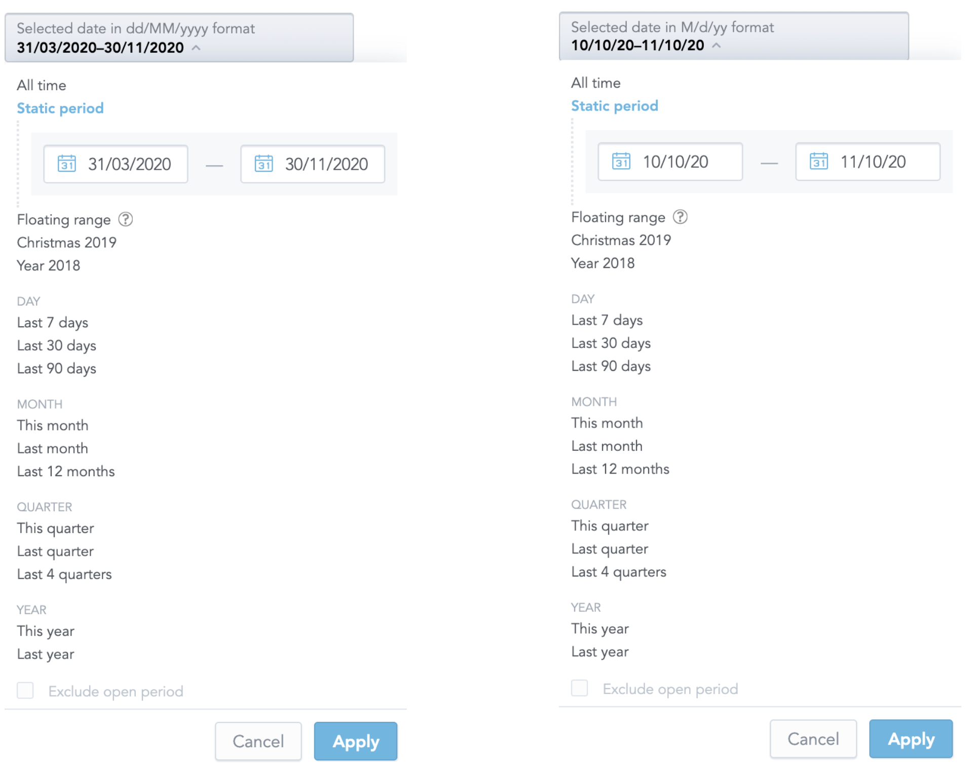 Two DateFilter dropdowns side by side, one showing dates in dd/MM/yyyy format and one in M/d/yy format