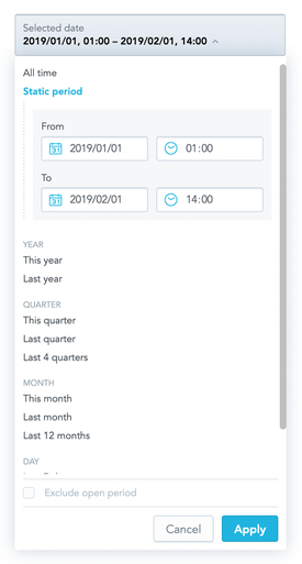 DateFilter static period form with date and time inputs for the range start and end