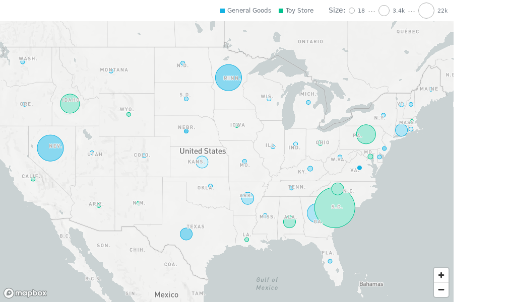 Geo pushpin chart of the United States with circles sized by a measure and colored by store type