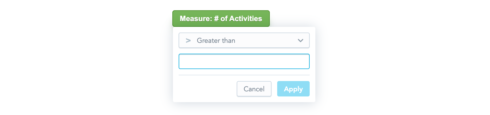 Custom toggle button with the measure value filter dropdown open below it