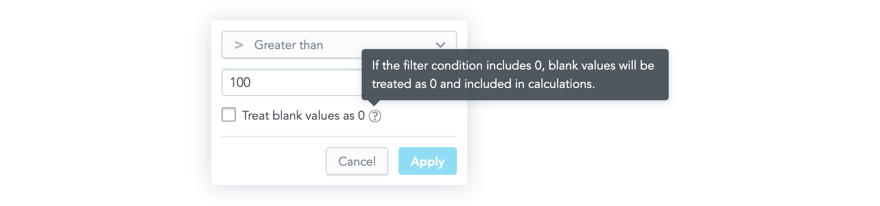 Measure value filter dialog with the Treat blank values as 0 checkbox selected