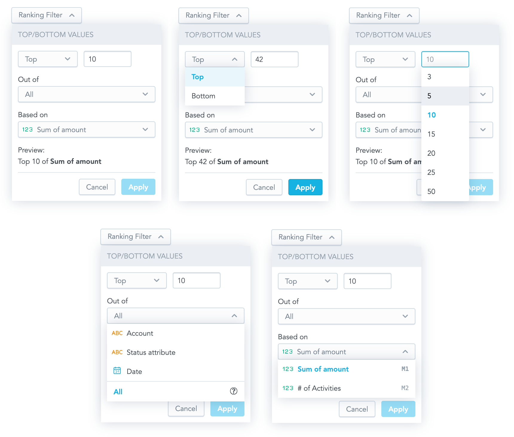 RankingFilter toggle button and its open dropdown with Top or Bottom, a count, and a measure picker