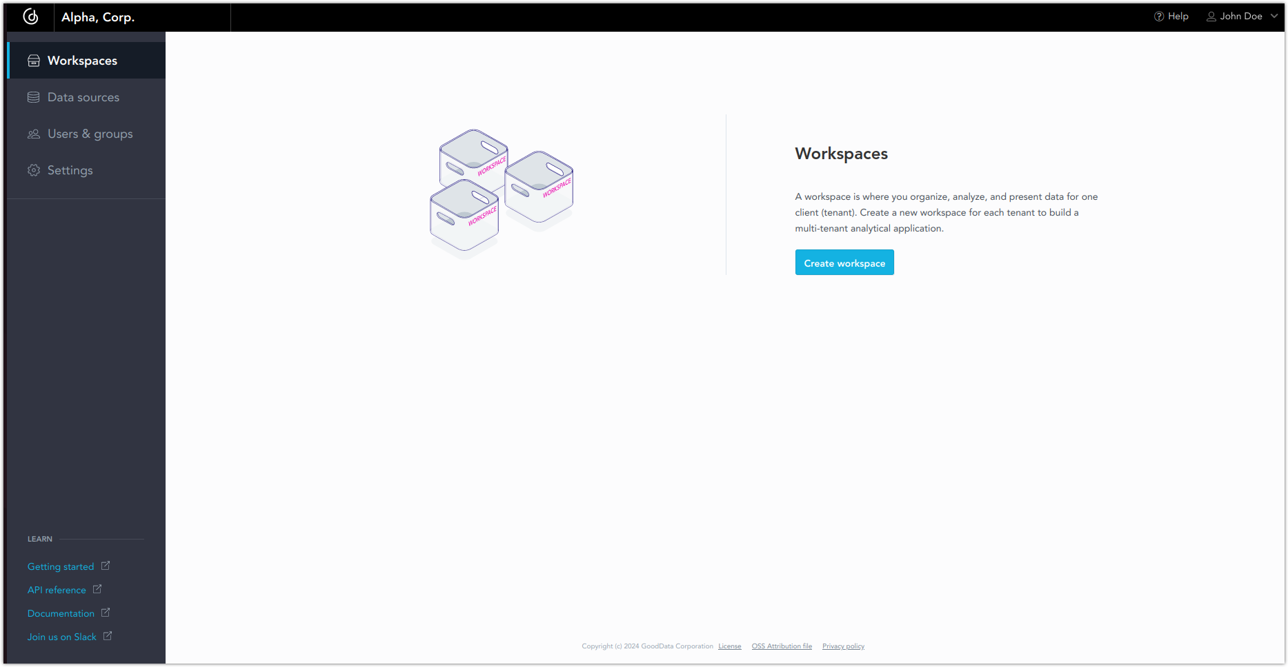 Screenshot of the workspace page after logging in