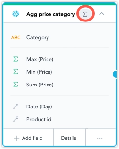 Dataset shown on the canvas with an aggregate fact icon in the header in the top-right corner.