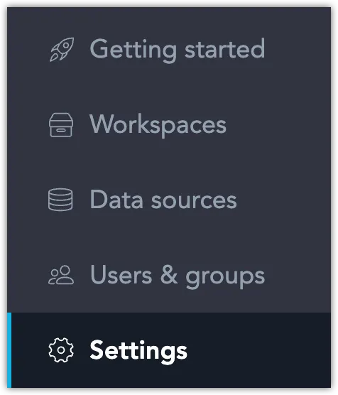 The left navigation menu in the GoodData UI with the Settings tab selected.