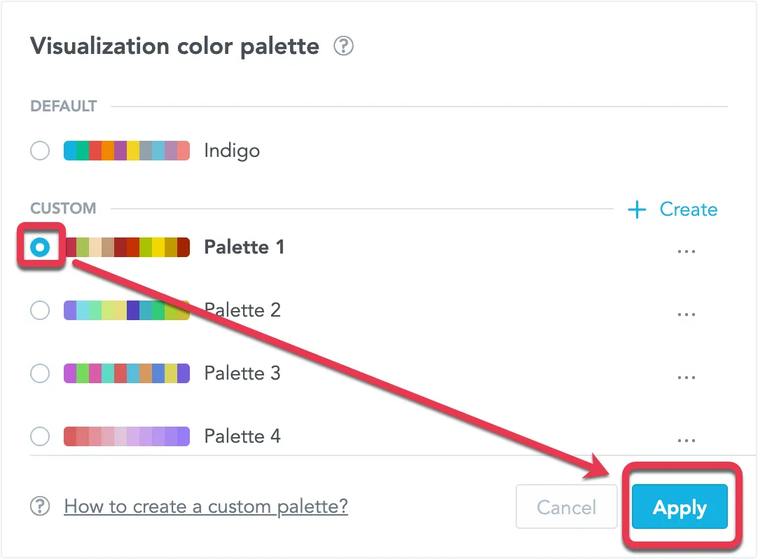 Visualization color palette dialog showing Default and Custom sections. In the Custom section, Palette 1 is selected using a radio button on the left. The Apply button located in the bottom right corner of the dialog is highlighted.