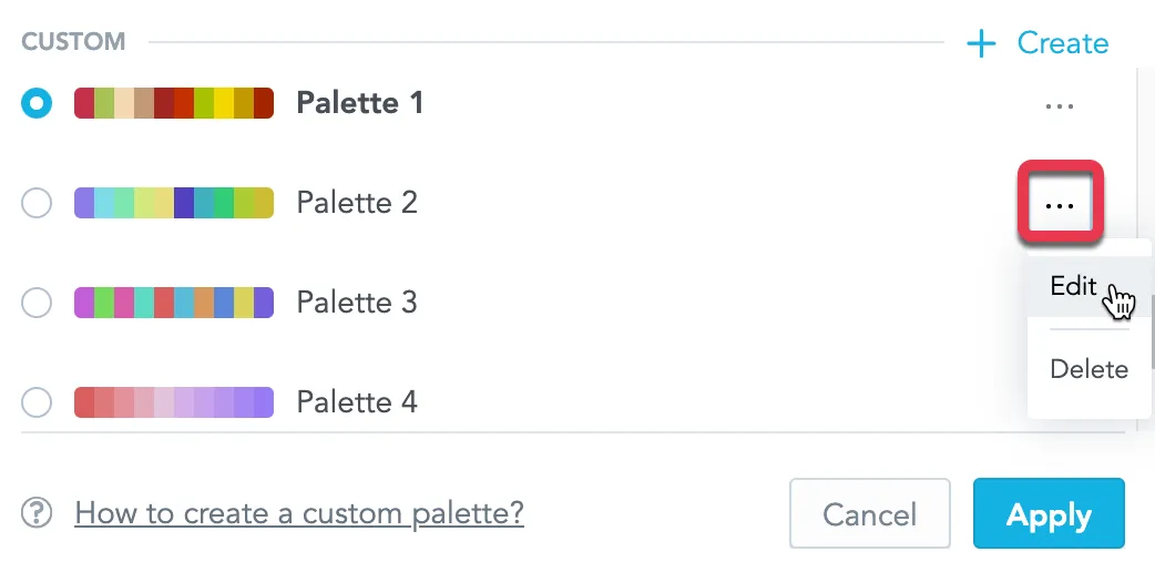 Visualization color palette selection dialog showing custom palettes. Palette 1 is selected, and the ellipsis button to the right of it is highlighted. A dropdown menu is open with options to Edit and Delete the palette.