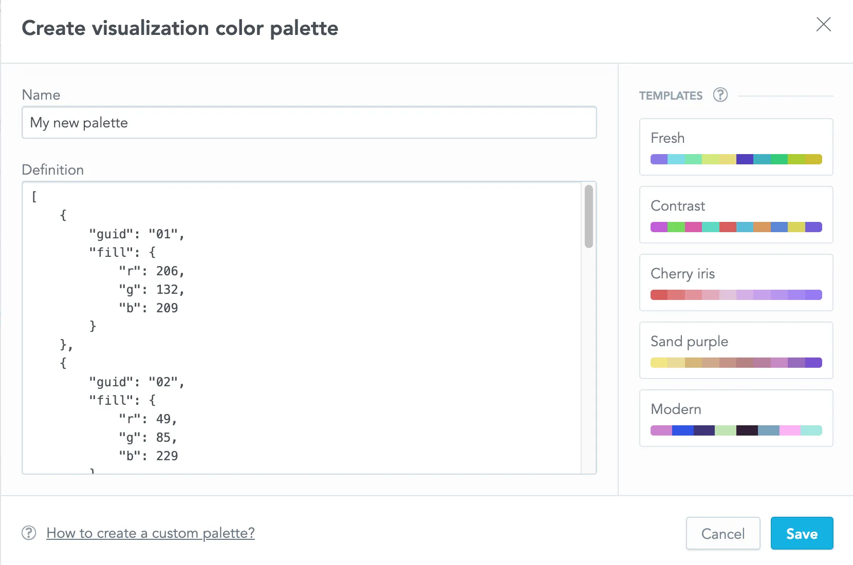 Create visualization color palette dialog with a text field for entering the name of the palette, a large code editor area filled with JSON defining RGB values, and a vertical list of color palette templates on the right labeled Fresh, Contrast, Cherry iris, Sand purple, and Modern.
