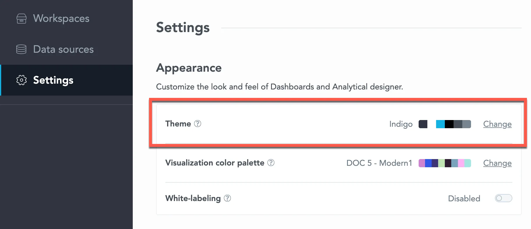 Appearance section in the Settings tab with a highlighted Theme row. The Indigo theme is applied and a Change button is located on the right side of the row.