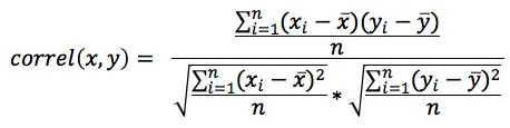 Expanded formula showing the correlation coefficient as the mean of the products of deviations divided by the product of standard deviations for two variables.