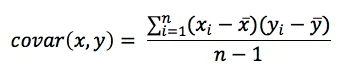 Covariance equation for sample populations showing the sum of the products of deviations from the mean divided by the number of data points.