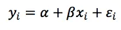 Equation for a simple linear regression model showing yi equals alpha plus beta times xi plus epsilon i, where yi is the dependent variable, xi is the independent variable, alpha is the intercept, beta is the slope, and epsilon i is the error term.