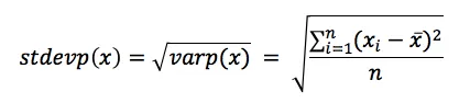 Equation for population standard deviation showing the square root of the sum of squared differences between each value and the mean, divided by n. This version assumes the dataset includes the entire population.
