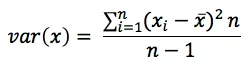 Equation for sample variance showing the sum of squared differences between each value and the mean, multiplied by n and divided by n minus 1. This formula includes Bessel’s correction to reduce bias in estimating population variance.