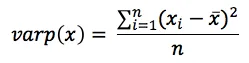 Equation for population variance showing the sum of squared differences between each value and the mean, divided by n. It is used when the data represents the full population.