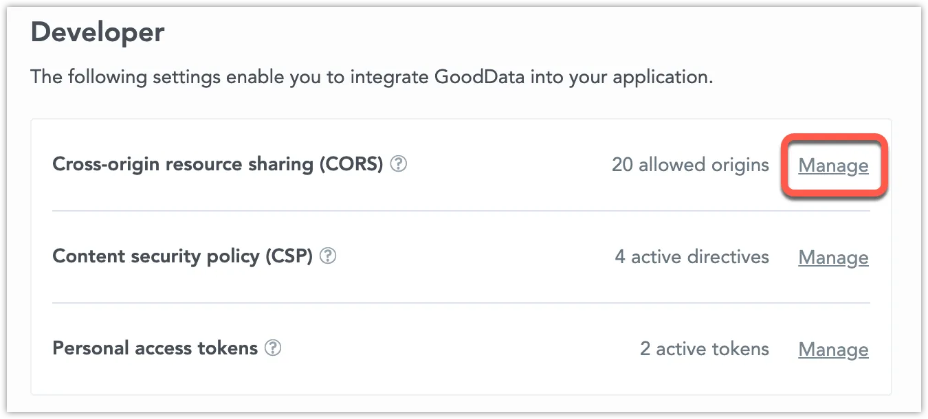 CORS configuration in Developer Settings. The Manage button is highlighted on the right.