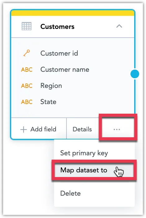 Customers dataset in the Logical Data Model editor with the context menu opened in the bottom-right corner. The Map dataset to option is highlighted.