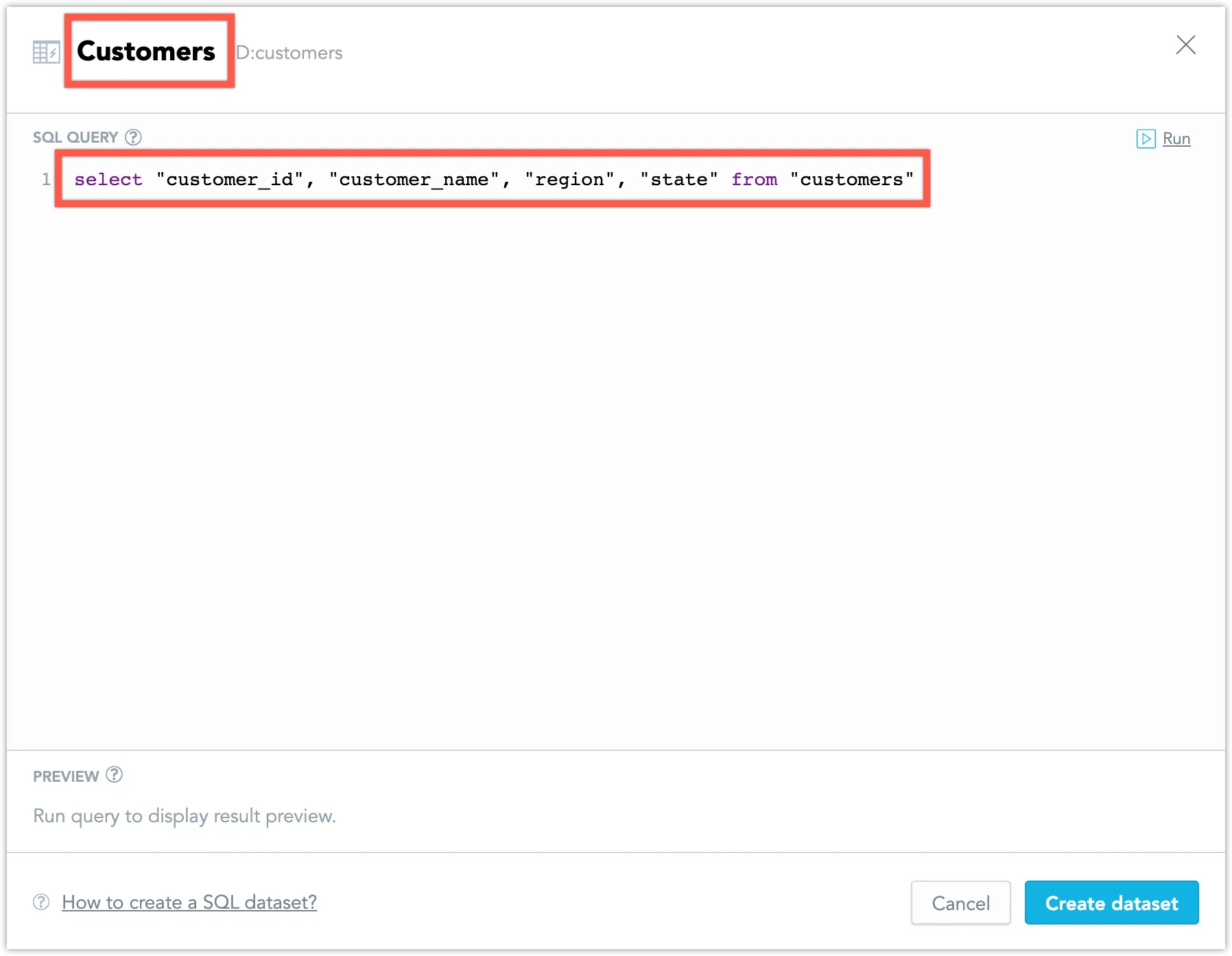 SQL Dataset configuration dialog titled Customers, with the generated ID customers displayed next to the title. The dialog shows a SQL query field containing a SELECT statement to retrieve customer ID, customer name, region, and state from the customers table.