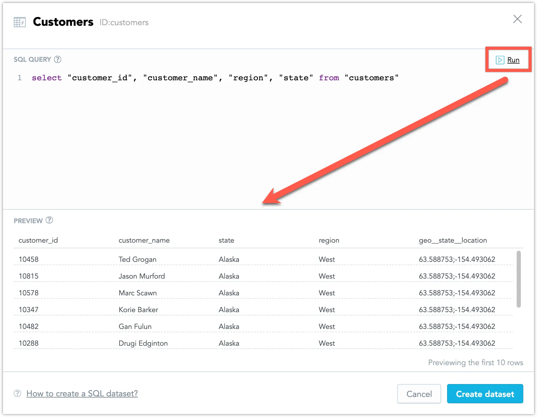 SQL Dataset configuration dialog with a preview of customer data. The Run button is highlighted in the upper right, and the query result is displayed below showing customer names and regions.