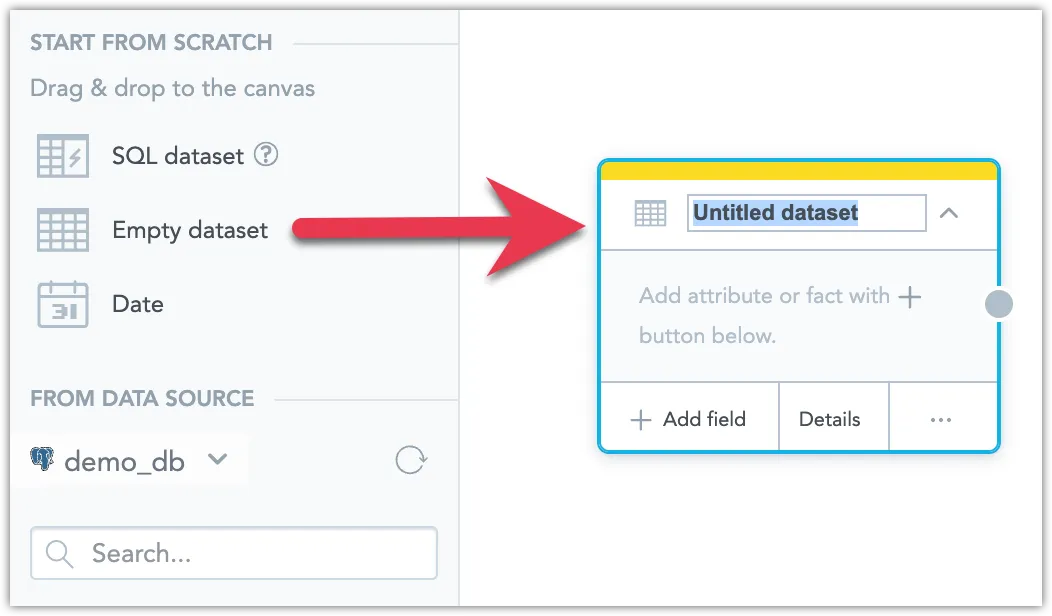 Panel showing an empty dataset being dragged from the Start from Scratch section into the Logical Data Model canvas, ready to be renamed and filled with attributes or facts.