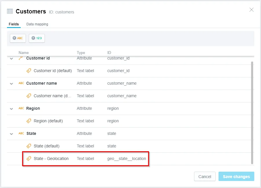 The Fields tab of the dataset details dialog displays a list of data objects, each showing its associated labels. The State attribute is expanded to reveal two text labels: State, which is marked as the default label, and State Geolocation, which serves as an alternative.