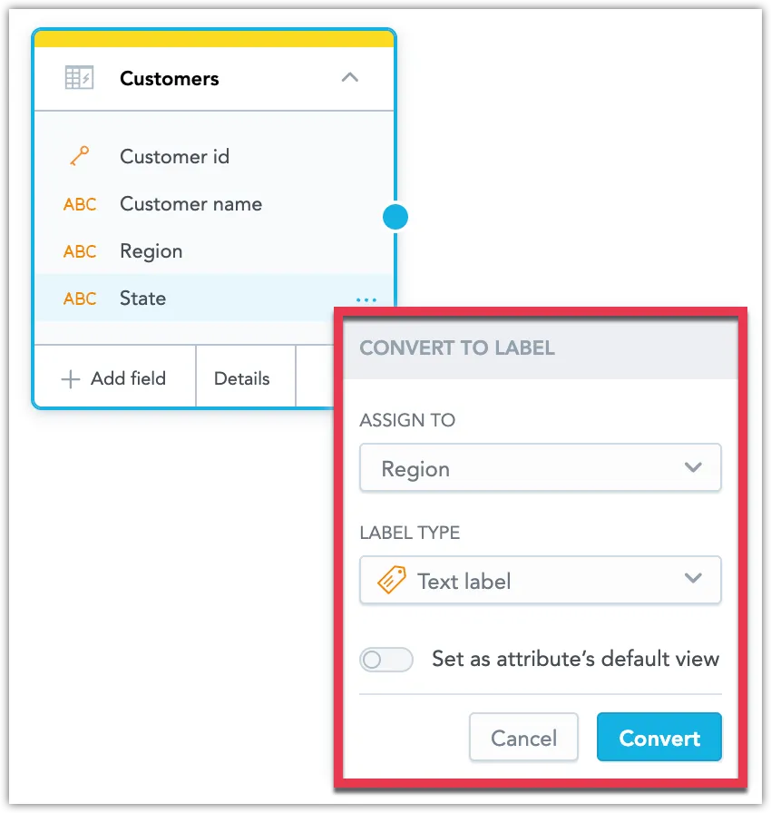 The Convert to label dialog with the options to select the Label type and Assign it to another data object. In this example, State is assigned to Region. The Set as attribute's default view toggle is at the bottom of the dialog.