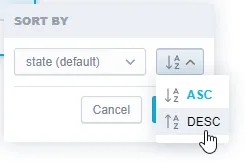 Sort by dialog with dropdown to choose label and sorting order (ASC/DESC).