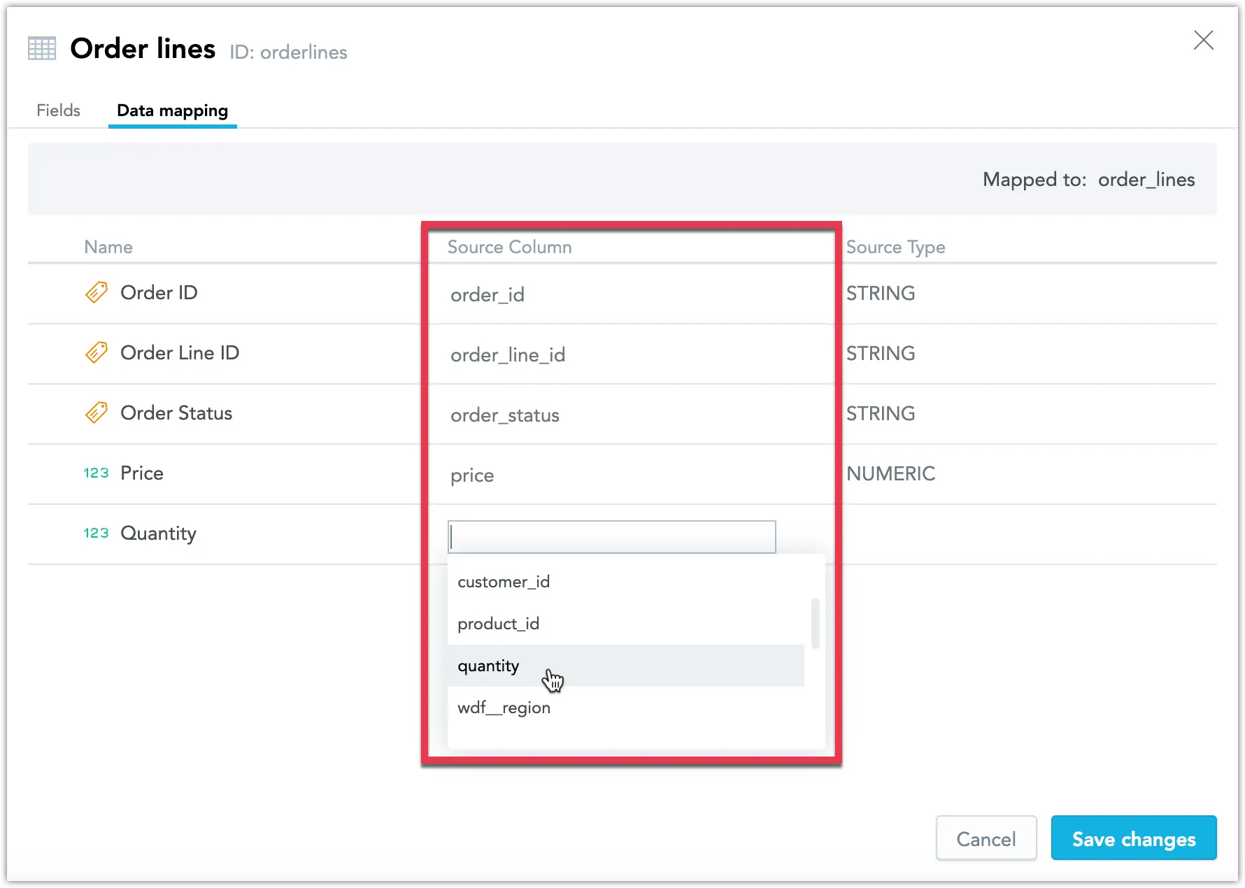 Expanded data mapping view showing Source Column values being assigned for fields in Order lines. The Quantity field's mapping dropdown is open and the Quantity source column is selected from the list.