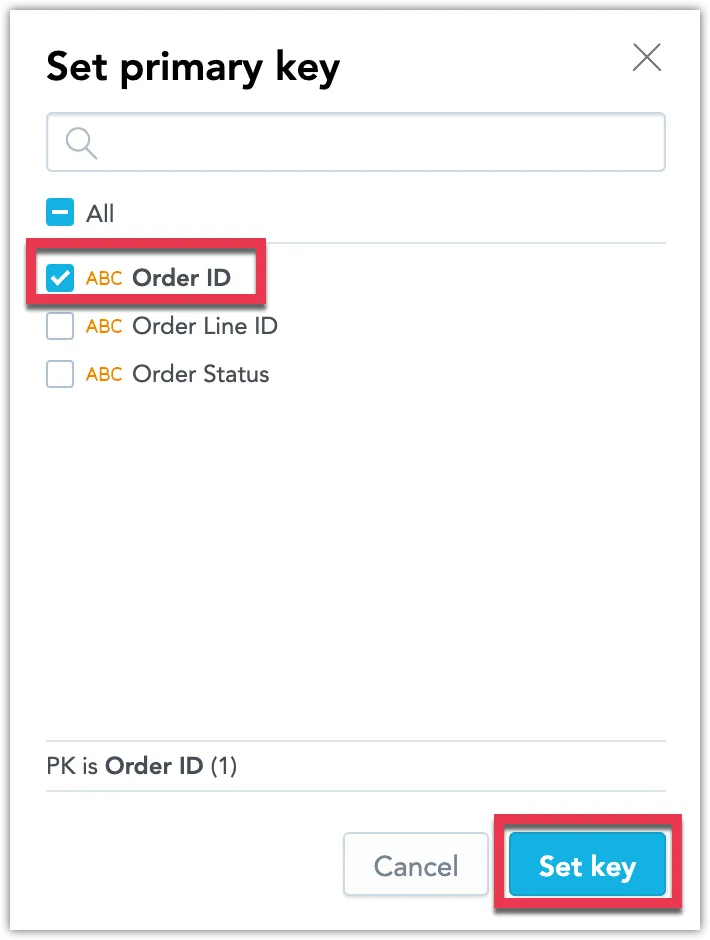Set primary key dialog where Order ID is selected as the primary key and the Set key button is highlighted in the bottom-right corner.