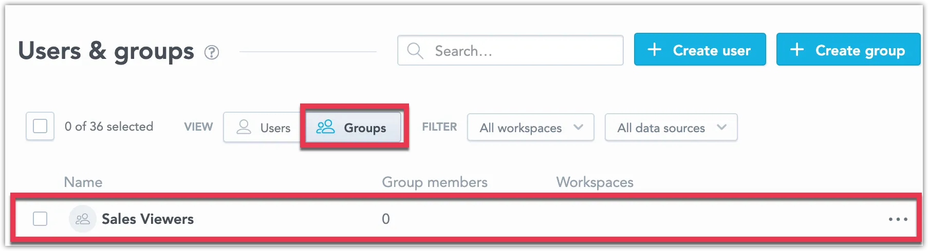 Users & groups page showing a list of groups, displaying the number of group members and assigned workspaces.