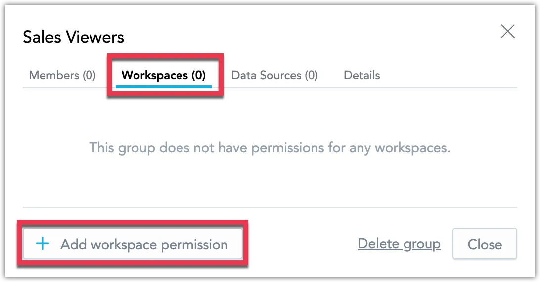 Group settings dialog with the Workspaces tab selected. A message indicates the group does not have permissions for any workspace. Add workspace permission button is at the bottom-left of the dialog.