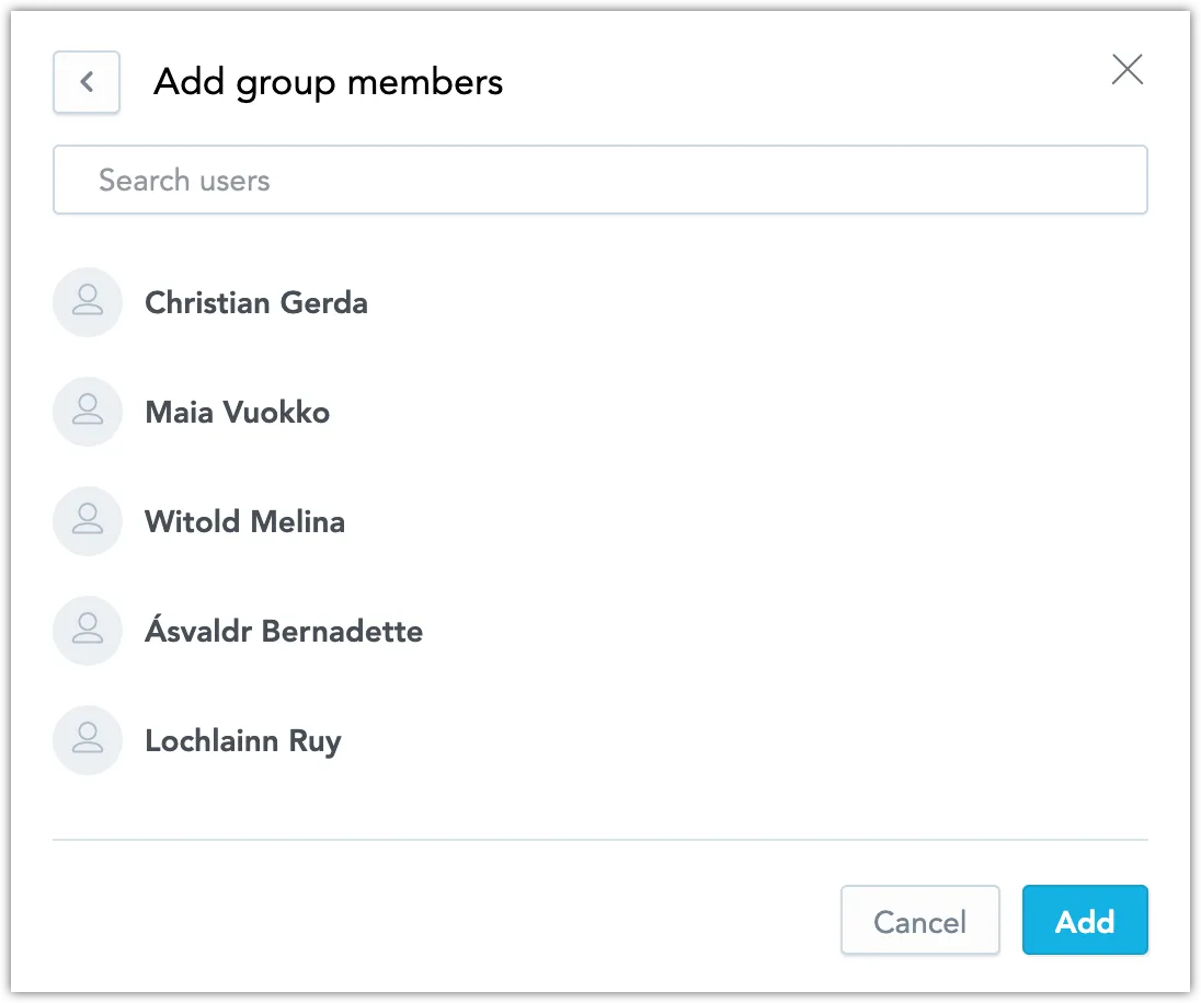 Add group members dialog with a search bar and relevant users listed below it. The Add and Cancel buttons are in the bottom-right corner.