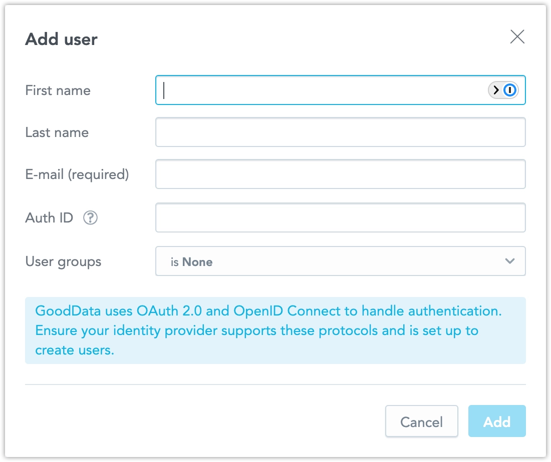 Add user dialog with fields for first name, last name, email, authentication ID, and user group assignment. Cancel and Add buttons are in the bottom-right corner.