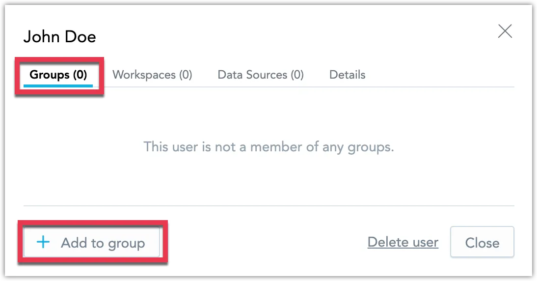 User settings dialog with the Groups tab selected. A message indicates the user is not in any group. Add to group button is at the bottom-left of the dialog.