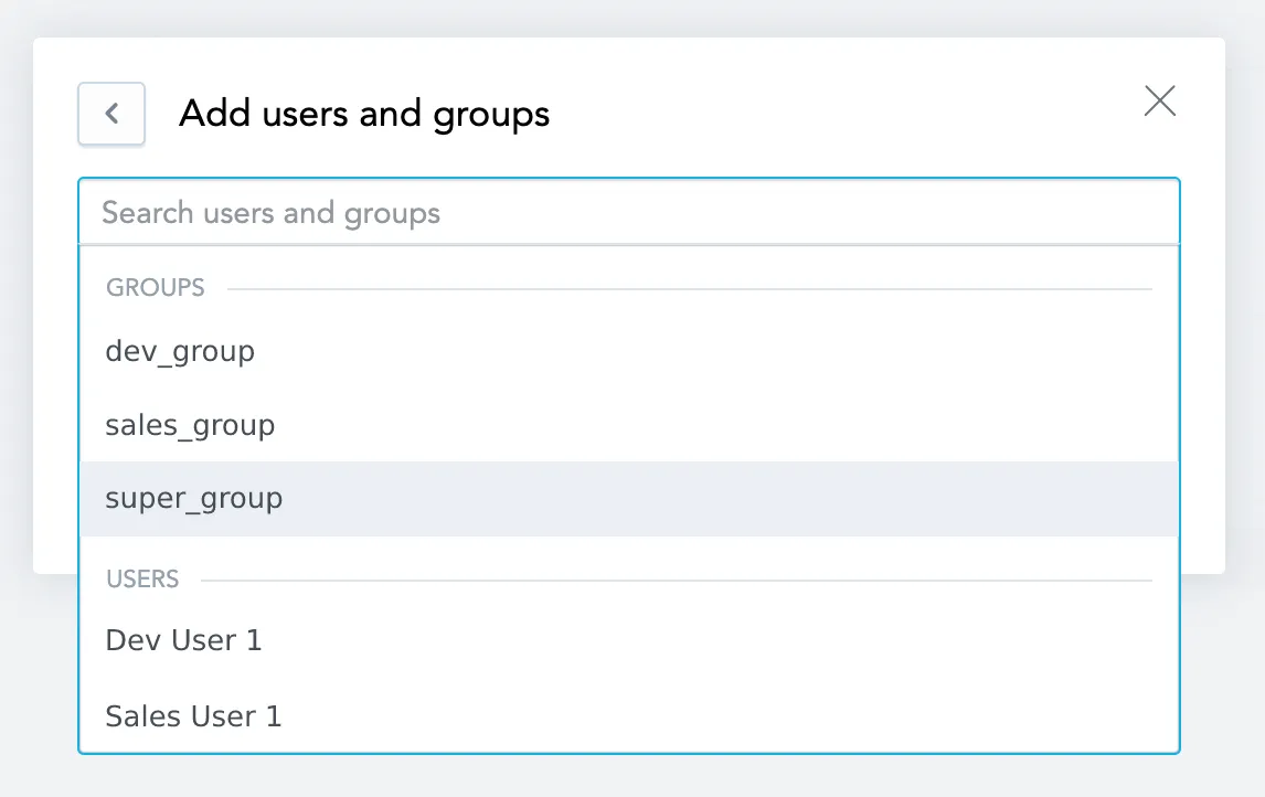 Clicking the Add button in the top-right corner of the Share with users and groups dialog shows a dropdown with all available users and groups.