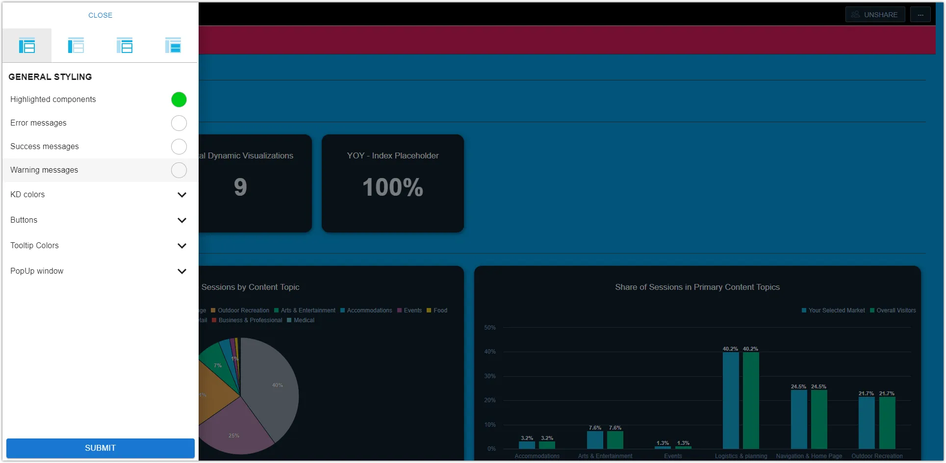Theme editor panel with color pickers for highlighted components, error messages, and general styling settings.