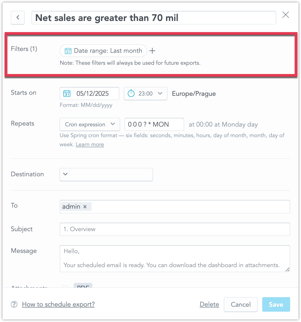 Schedule export dialog highlighting the newly added Filters section.