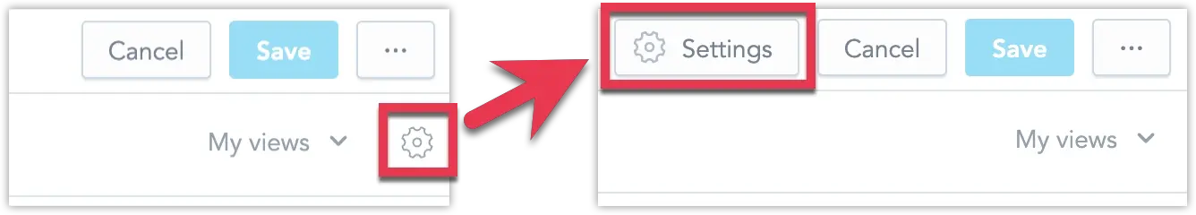 The new Settings button next to the Cancel and Save buttons in the Dashboard toolbar.