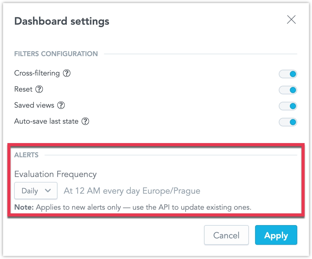 Screenshot of the Dashboard settings dialog showing the newly added Alert evaluation frequency setting.