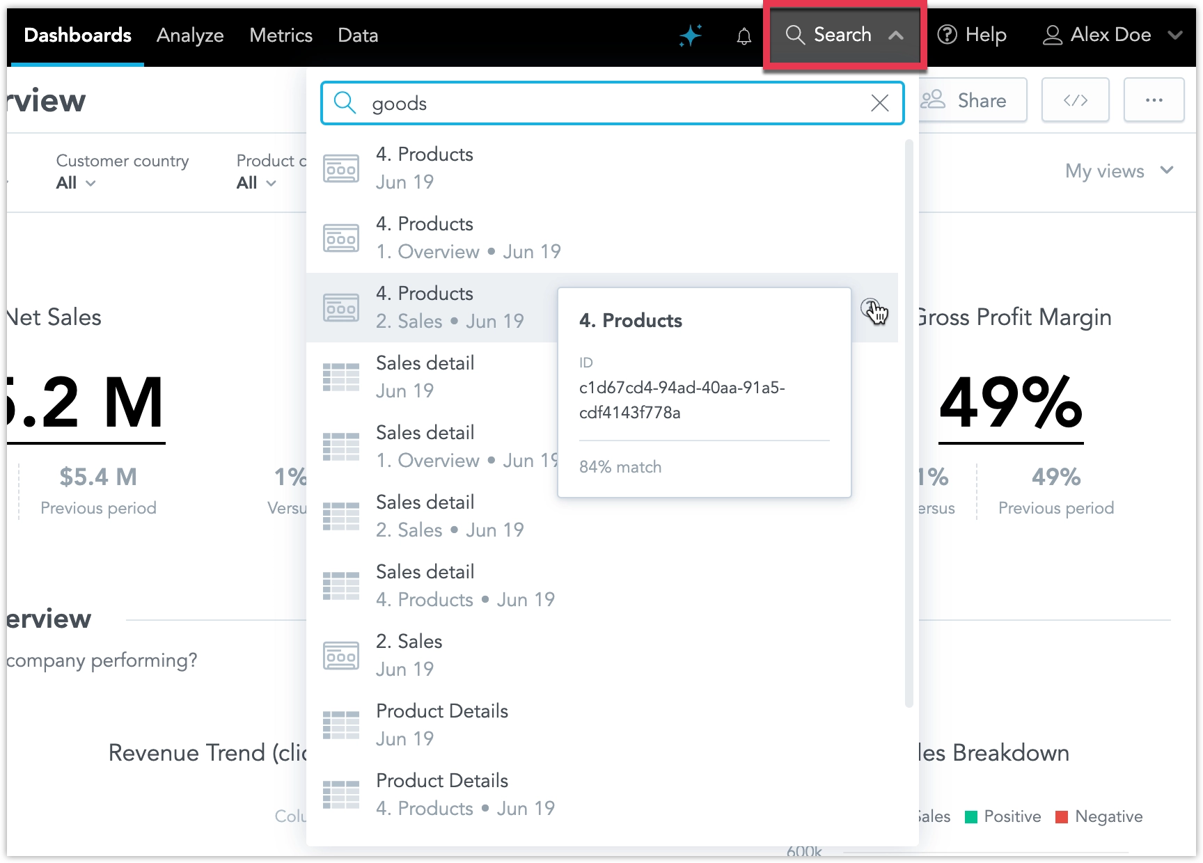 Screenshot of a dashboard highlighting the position of the new search field and example results for a 'Products' search.