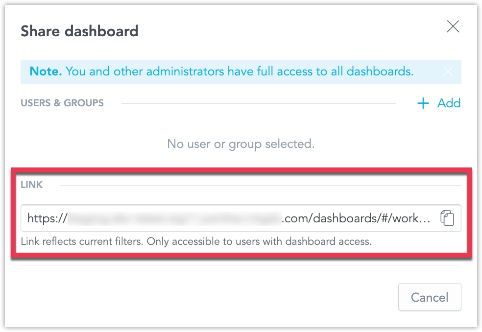 Screenshot of the dashboard share dialog showing a new field displaying a sharable url which contains information about active filters and their states.