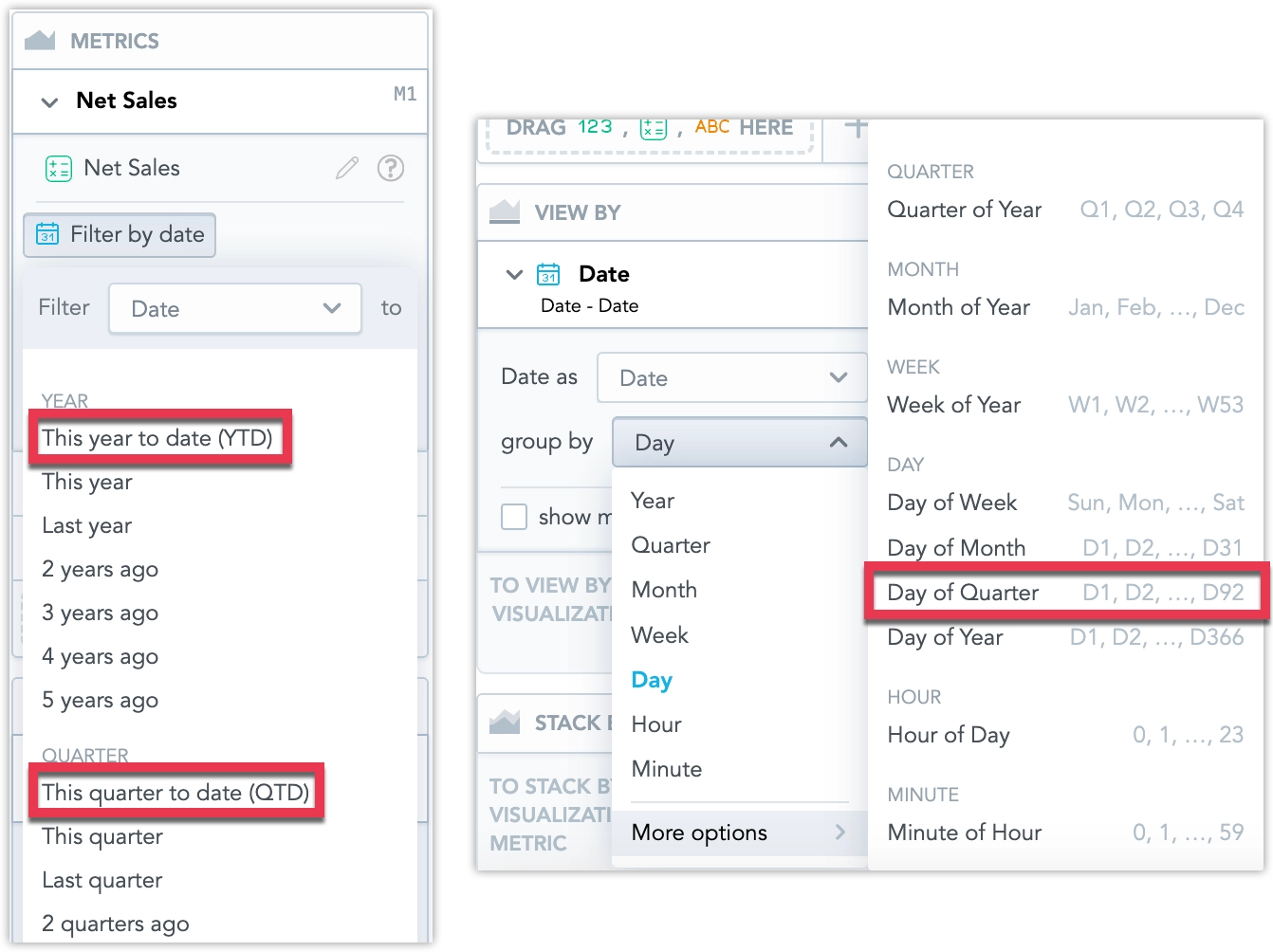 Opened Filter by Date drop-down menu for a metric used in a visualization in Analytical Designer.
