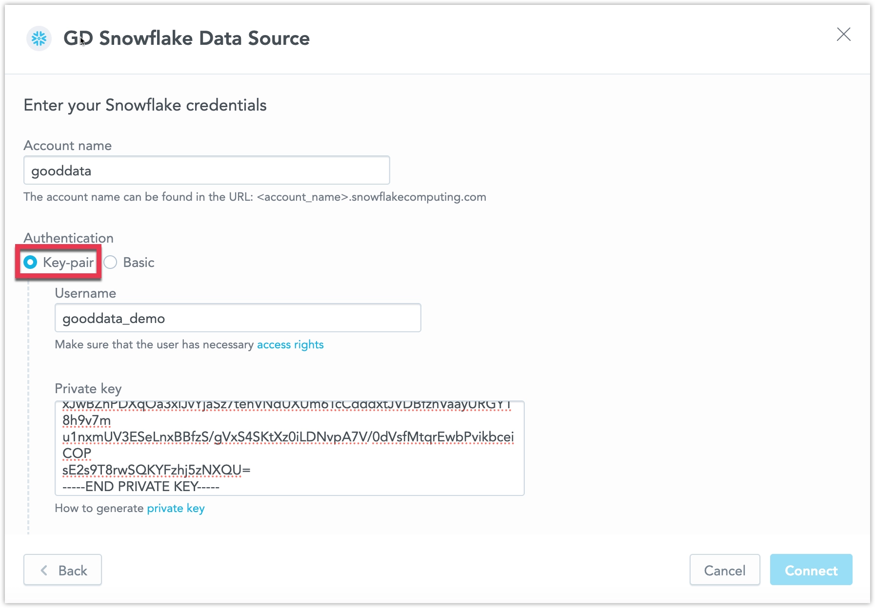 Connect data source dialog showing the recommended key-pair authentication method highlighted.