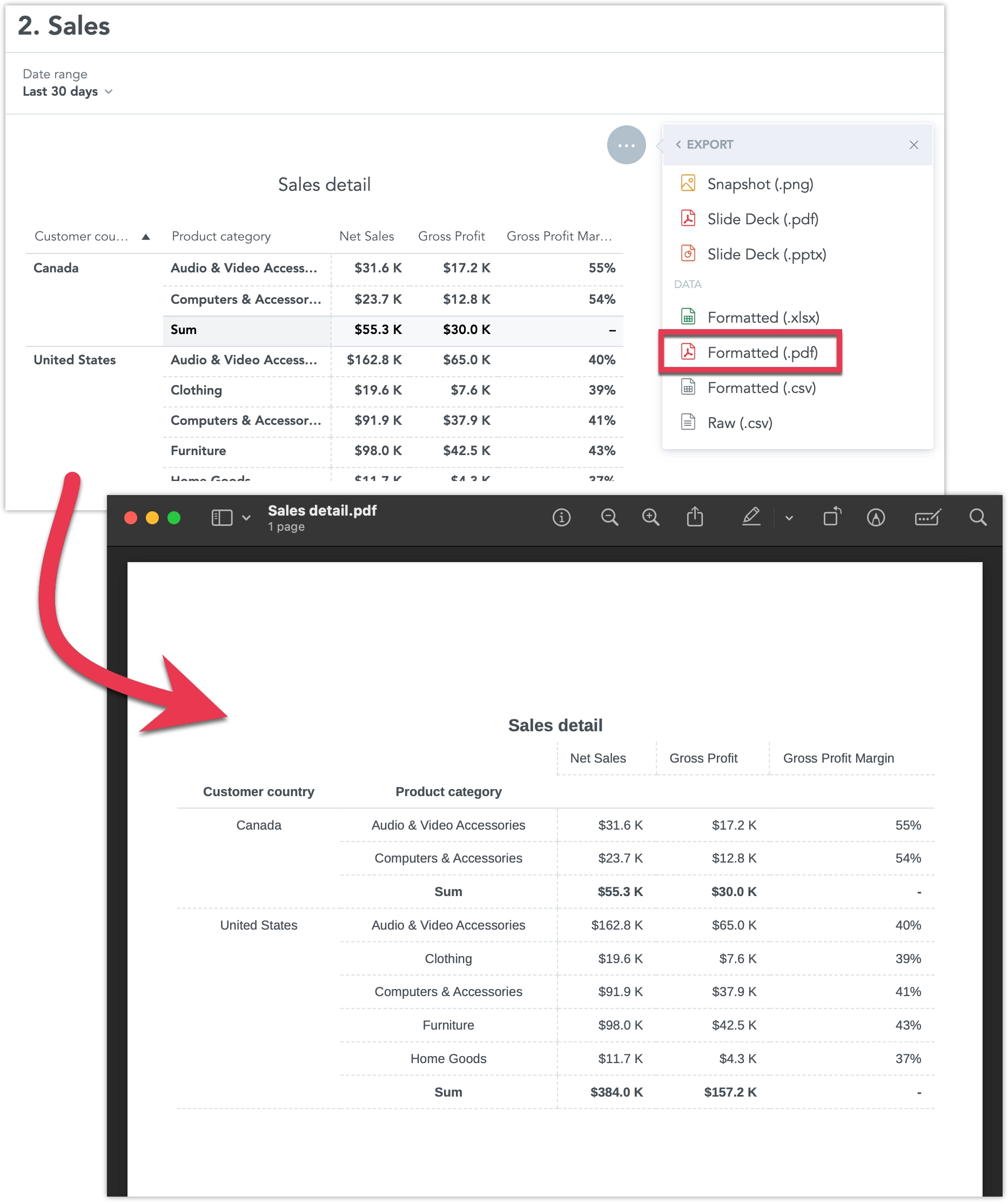 Screenshots of the export flow from a table embedded into a dashboard.
