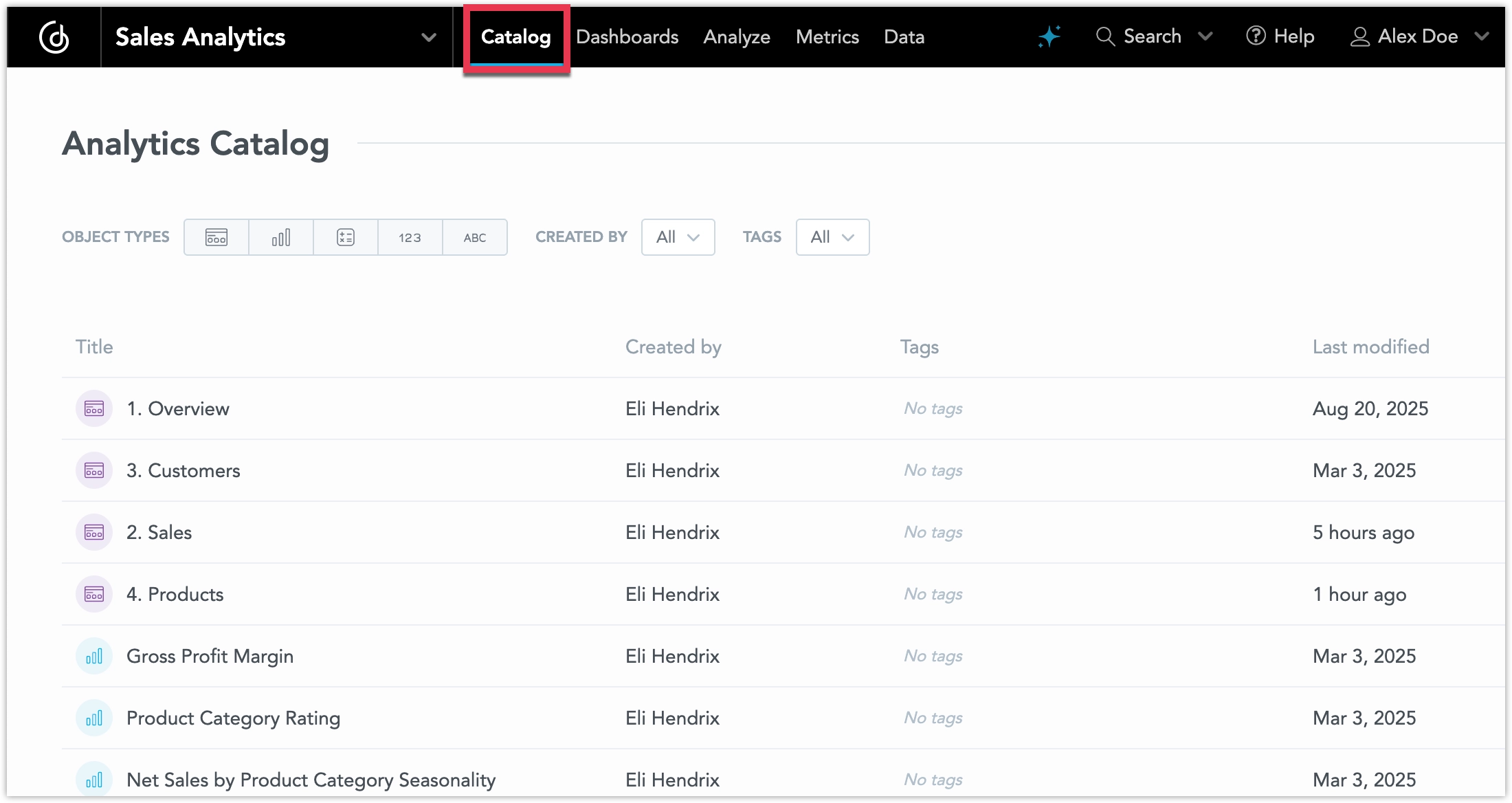 Screenshots of the new Analytics Catalog tab.