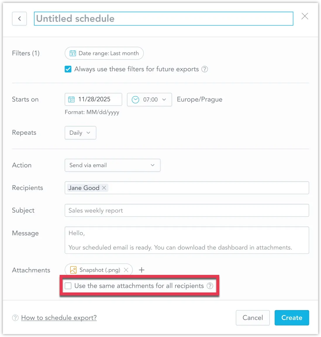 The scheduled export dialog highlighting the new Use the same attachments fo all recipients option.