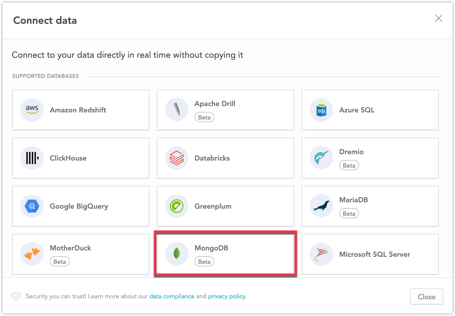 Screenshots of the export flow from a table embedded into a dashboard.