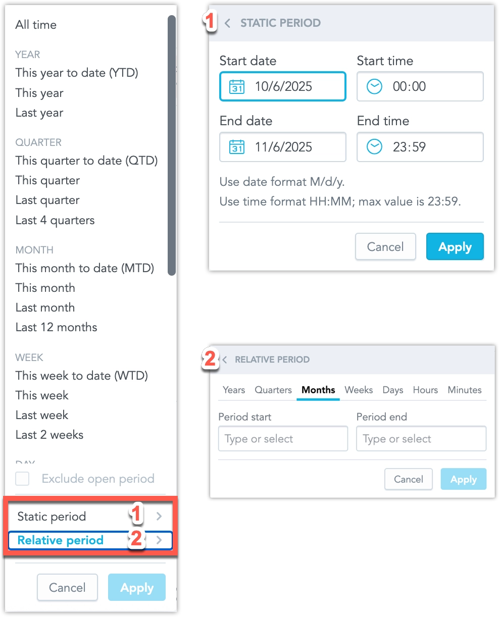 Updated Date Filter menu showing Static and Relative period options opening in separate detail forms.