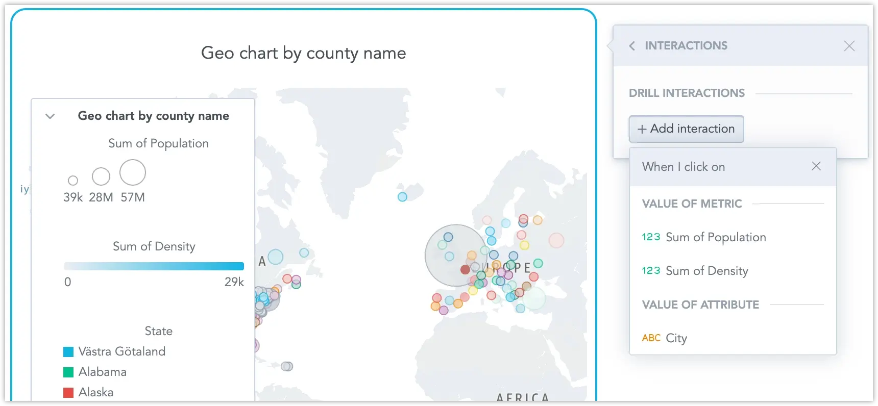 Screenshots of the new geochart in dashboard with drill in options.